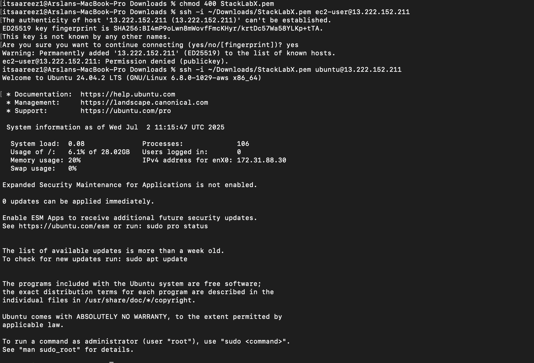 A screenshot of a terminal showing a successful SSH connection to an EC2 instance, with the new command prompt visible in MacOS.